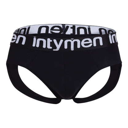 Jockstrap negro Intymen con pretina negra y logo blanco.
