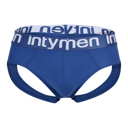 Jockstrap azul Intymen con pretina azul y logo blanco.