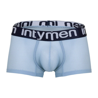 Bóxer corto Intymen azul claro en malla con pretina azul oscuro visto de frente.