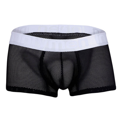 Bóxer corto Intymen negro en malla con pretina blanca visto de frente.