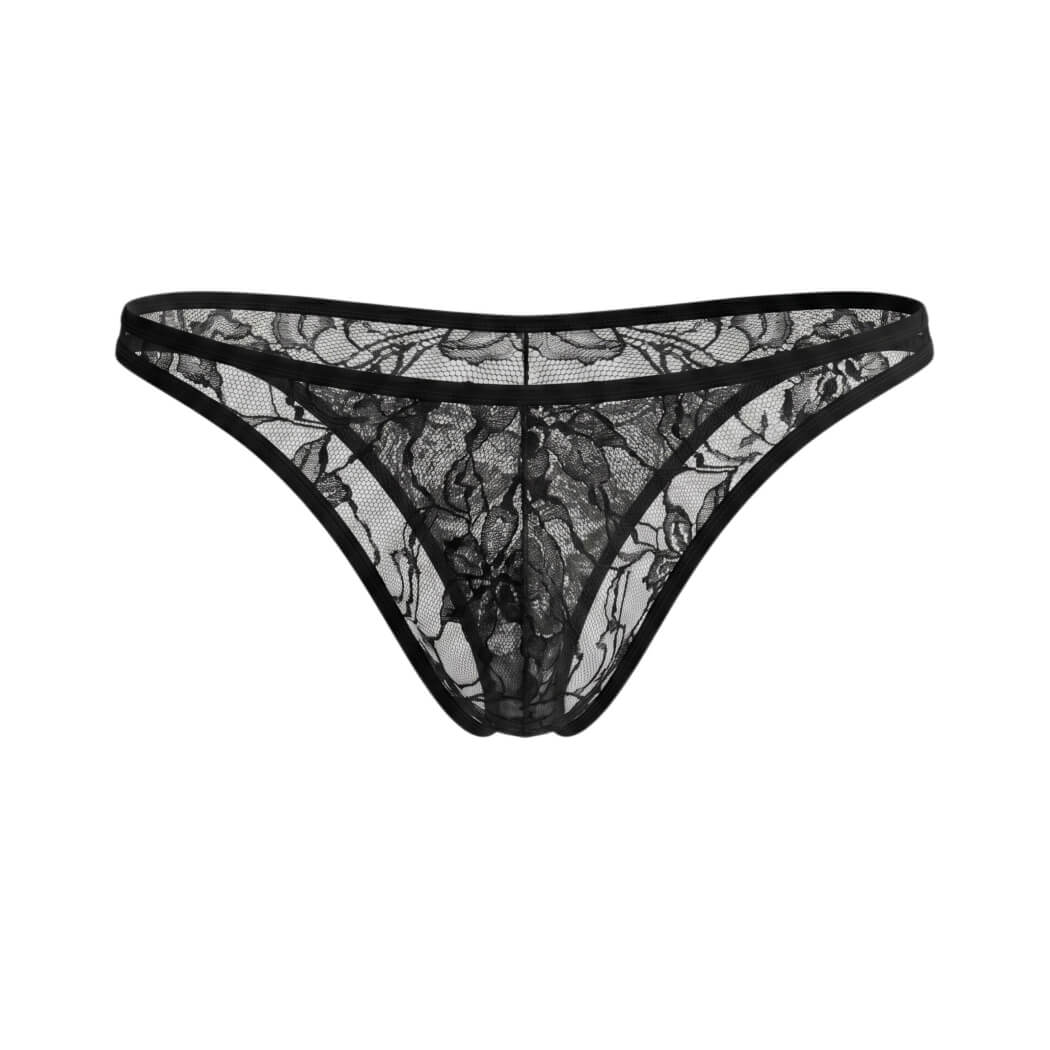 Panty negro de encaje transparente floral.