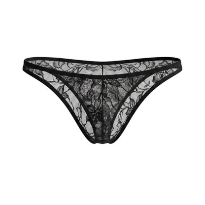 Panty negro de encaje transparente floral.