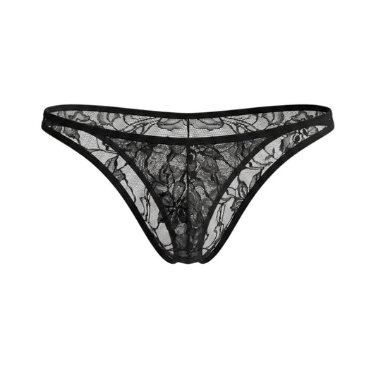 Panty negro de encaje transparente floral.