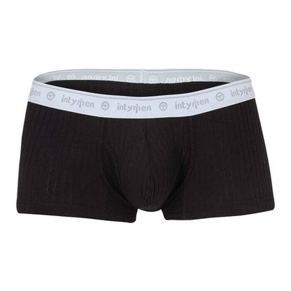 Boxer trunk corto hombre unico 3d negro delantero - Bóxer negro acanalado para hombre con pretina blanca elástica estampada Intymen.