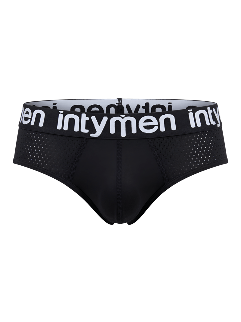 Brief masculino negro Intymen con paneles perforados y cintura elástica sobre fondo blanco.
