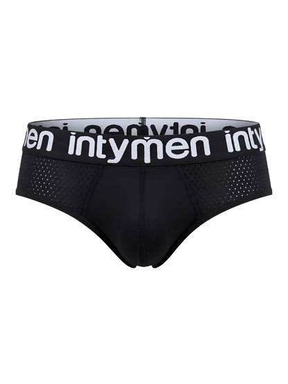 Brief masculino negro Intymen con paneles perforados y cintura elástica sobre fondo blanco.
