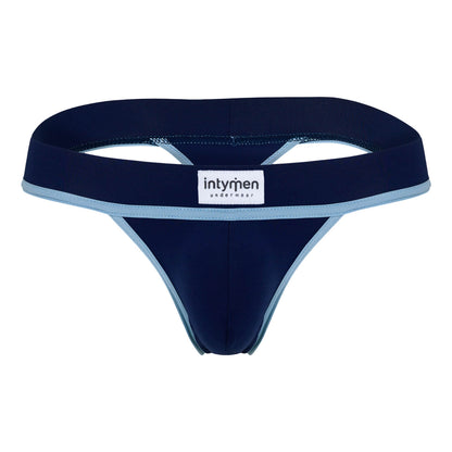 Thong azul Intymen con bordes celestes y logo frontal