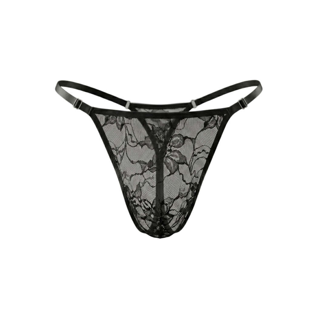 Tanga negra transparente de encaje floral.