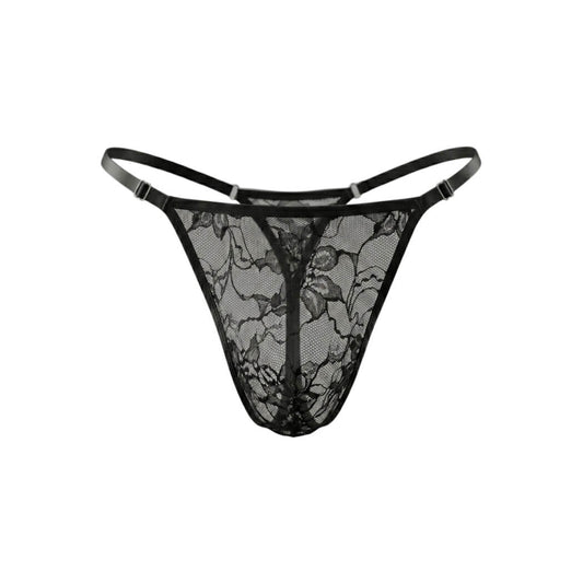 Tanga negra transparente de encaje floral.