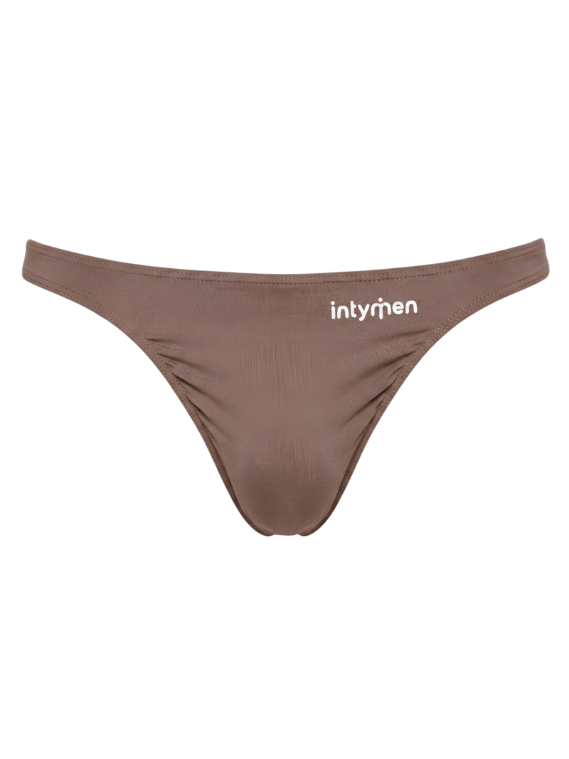 Tanga masculina marrón Intymen sobre fondo blanco.