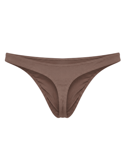 Tanga masculina marrón Intymen vista posterior sobre fondo blanco.
