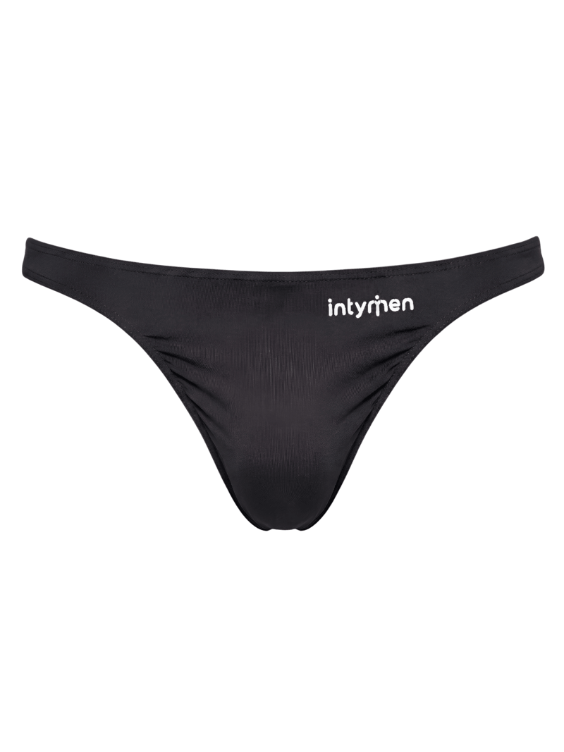 Tanga masculina negra Intymen sobre fondo blanco.