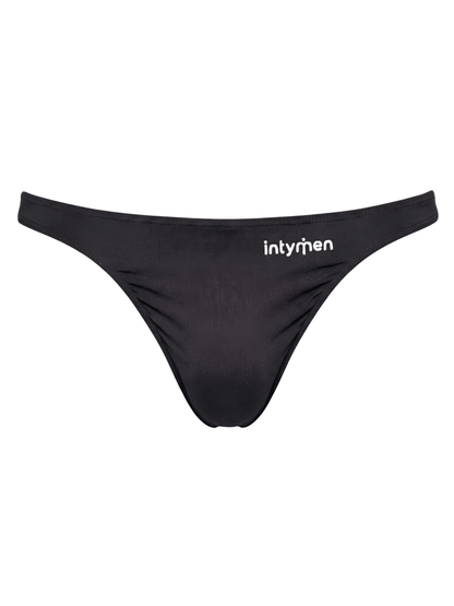 Tanga masculina negra Intymen sobre fondo blanco.